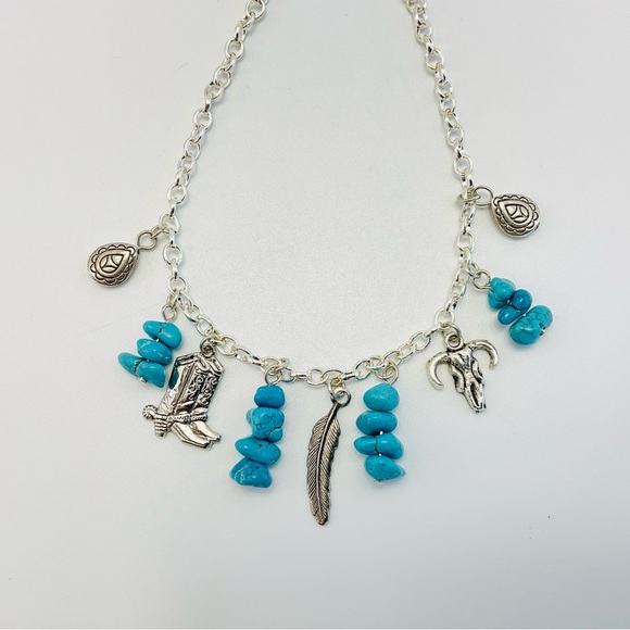 Handmade Jewelry - Western Multi Charm Necklace with Turquoise Howlite and Silver Plate, Cowgirl